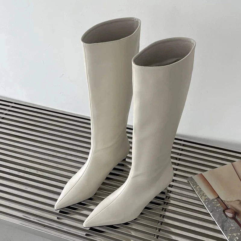 Autumn Winter Cosy Pointed Toe Woman Knee-High Boots Slip-On Low Thin Heels Cowboy Ladies Shoes Botas