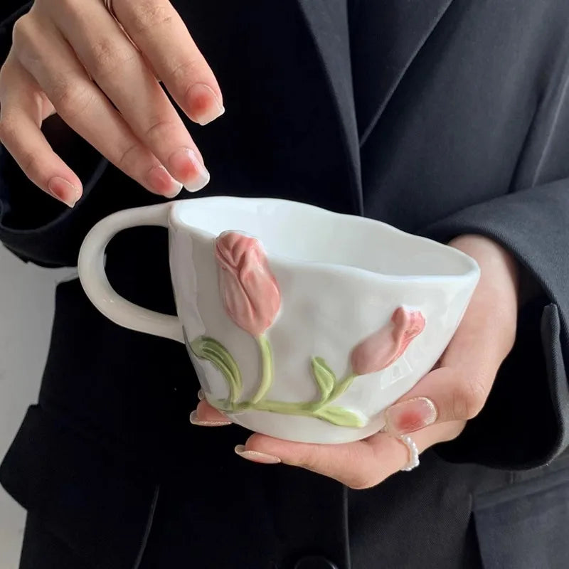 European Relief Ceramic Tulip Cup Afternoon Tea Dessert Pastry Tea Cup Painted Flowers Coffee Mug Couple's Water Cup Café Teapot