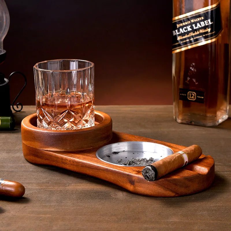 &Creative 2-In-1 Whiskey Wine Glass Holder Ashtray Desk Wood Cup Rack Cigar Holder For Bar Home Kitchen Office Decoration