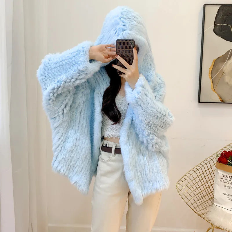 Autumn Winter Women 100% Natural Real Rabbit Thick Fur Coat Fur Warm Jacket Loose Knited Quality Luxury Hooded Full Sleeves