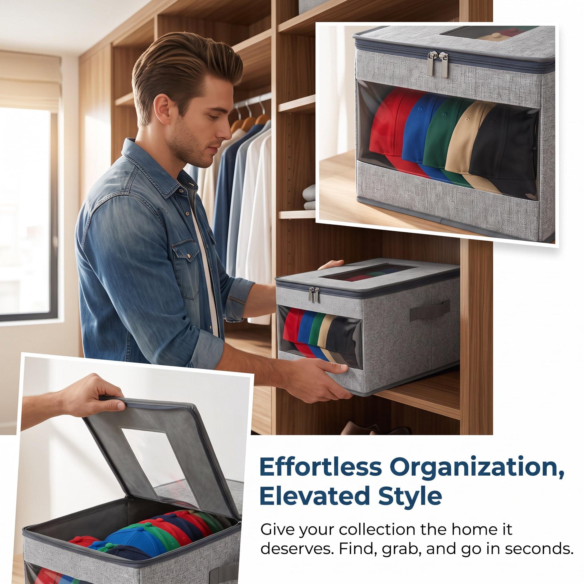 Hat Storage for Baseball Caps, Clear Window Hat Organizer, Stackable Storage Box with Flip-Top Access, Space-Saving Breathable Fabric Closet Organizer
