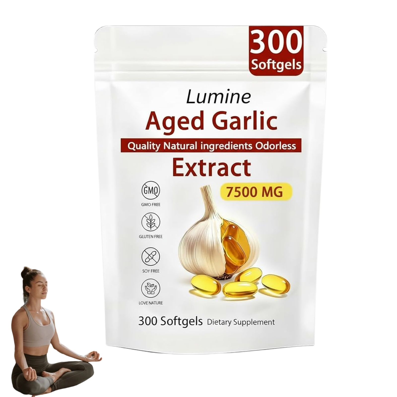 Lumine Organics Aged Garlic Extract Capsules 7500mg Odorless - 300 Count, 24 month Aged Garlic Extract Antioxidant Supplement,Vegetarian- 2026 New