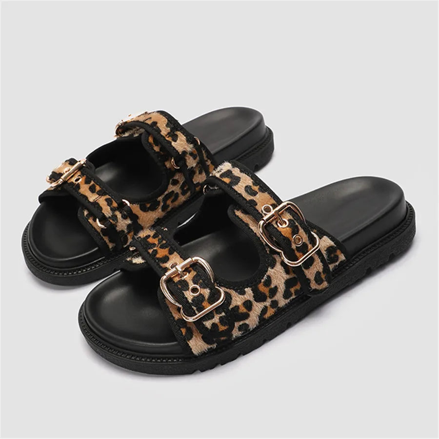 Summer Women Slippers Leopard Print Sandals Thick Sole Platform Shoes Woman 2024 Trend Buckles Ladies Beach Slides Big Size 43