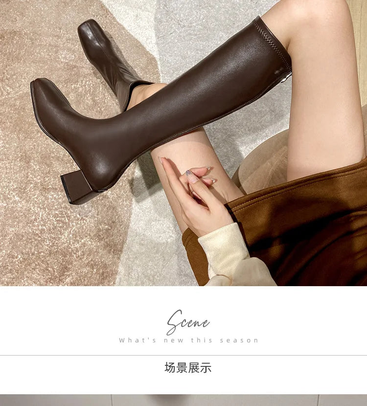 genuine leather long boots for women black/white leather winter plush knee high bottine femme square toe cowhide slim booties