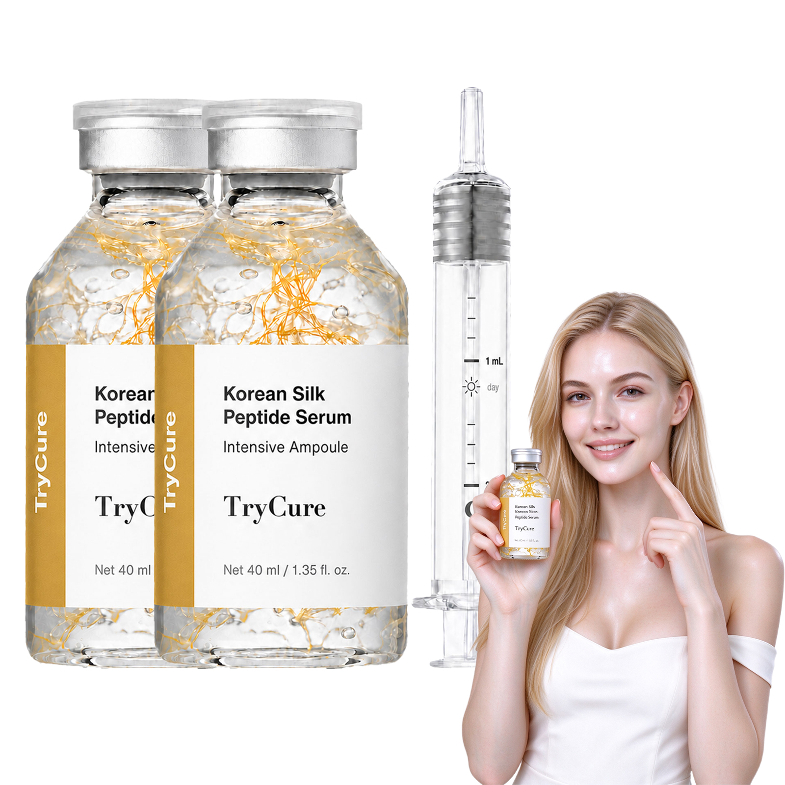 Trycure Korean Silk Peptide Ampoule, Korean Skincare Ampoule with Silk Peptide, EGF, 24K Gold & GHK-Cu, Improves Look of Elasticity & Radiance, Fast-Absorbing