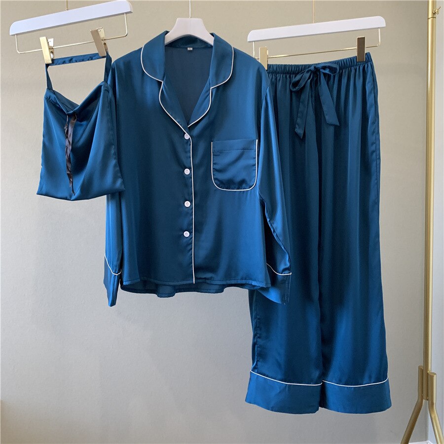 Pure Color Woman Long Sleeve Stain Pajama Set Satin Soft Fashion Pajamas
