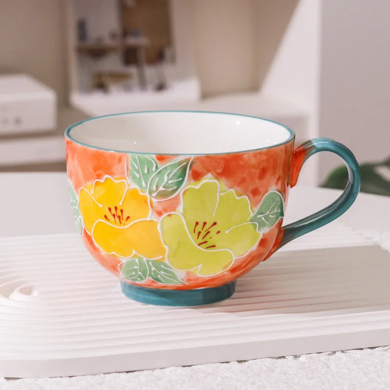 Embossed pure hand-painted ceramic cup beautiful large capacity breakfast cup high value flower tea cup milk oatmeal cup