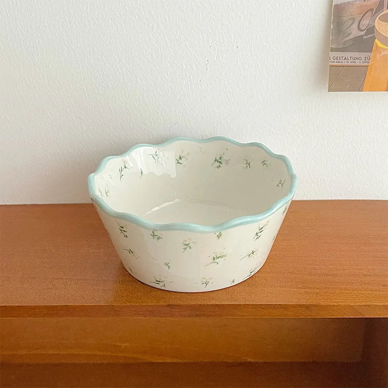 Fresh Pastoral Small Broken Flower Ceramic Bowl Ins Vintage Lace Salad Fruit Thickened Lovely Soup Rice Bowl Complimentary Spoon