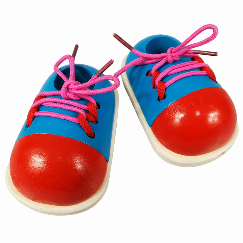 2Pcs Kids Montessori Educational Wooden Toys Tie Shoes Lace up Shoes Toys Toddler Lacing Shoes Early Educational Learning Toys