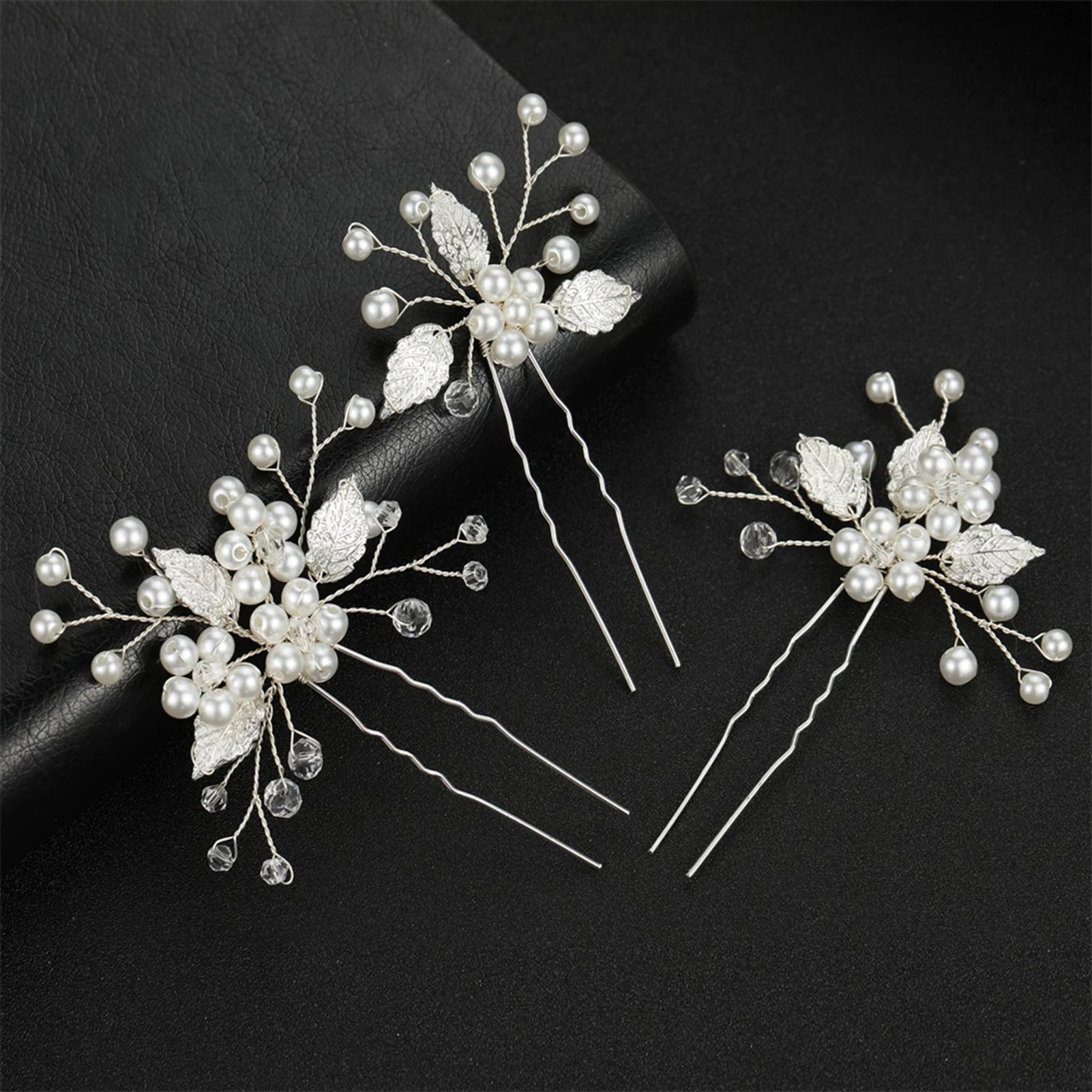 Pearl Flower Hairpin Side Comb Sets Wedding Hair Accessories Leaf Shaped Tiaras Bride Insert Hair Clip Jewelry Fashion Headwear