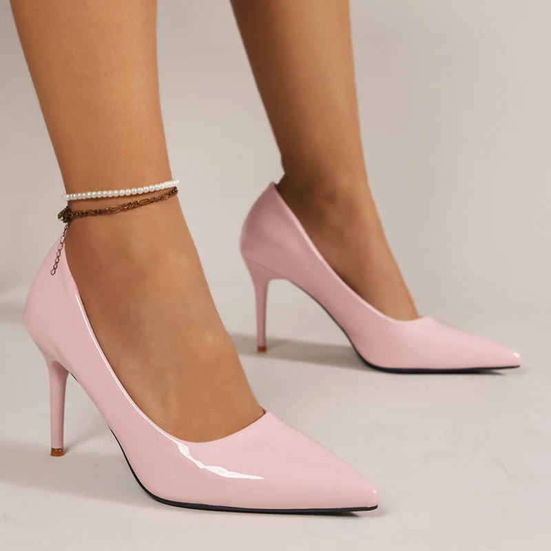 Sexy Thin Heels Pumps for Women Pink Patent Leather Pointed Toe Party Shoes Woman 2024 Spring Slip-On Stiletto High Heel Shoes