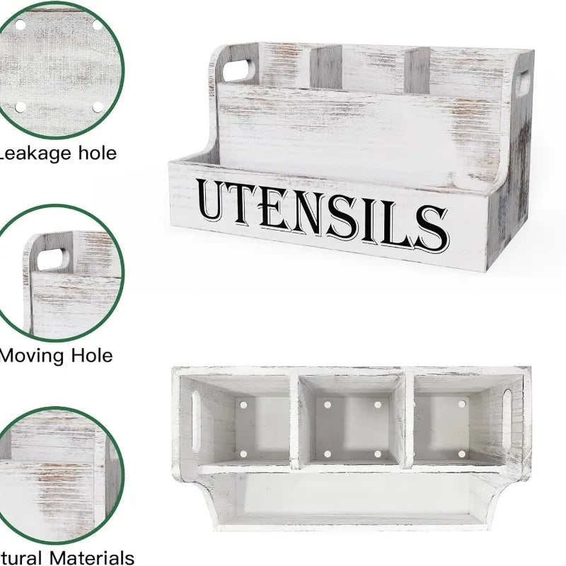 Rural White Wooden Cutlery Storage Box, Kitchen Countertop Cooking Utensil Seasoning Storage Box  Kitchen Storage Container