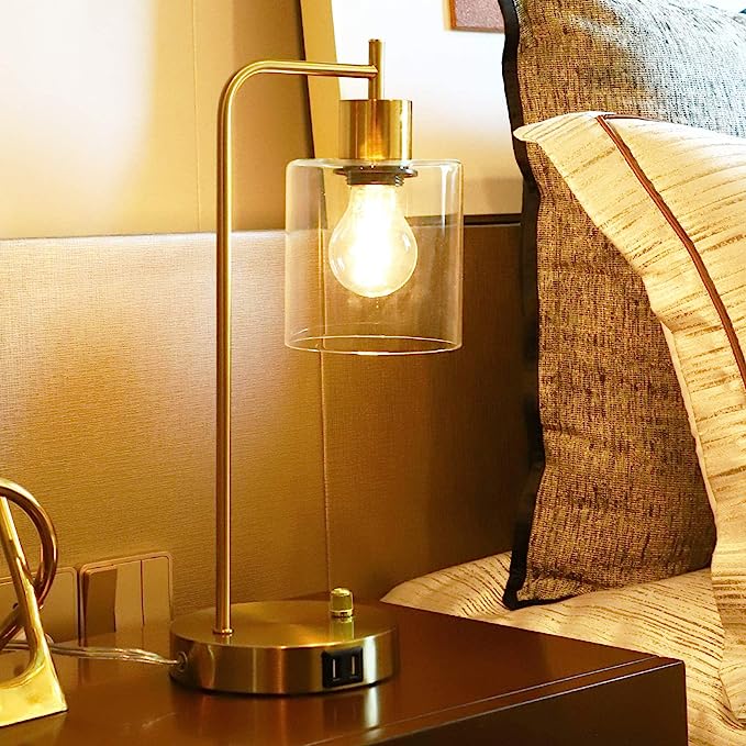 Gold Industrial Table Lamp with 2 USB Ports, Vintage Desk Lamp, 3-Way Dimmable Bedside Reading Lamp with Glass Shade for Bedroom Living Room Office, LED Nightstand Lamp with E26 Bulb