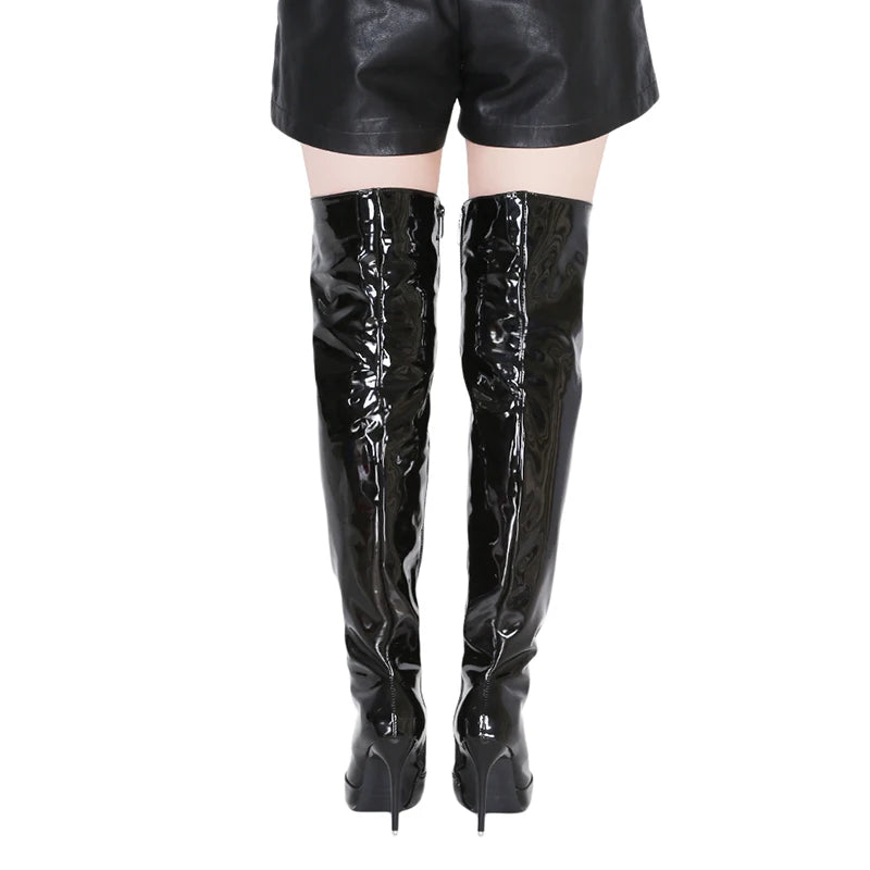 Sexy Silver Mirror Thigh High Boots Women T Show Pointy Toe Club Party Shoes Thin High Heels Over The Knee Long Boots For Women