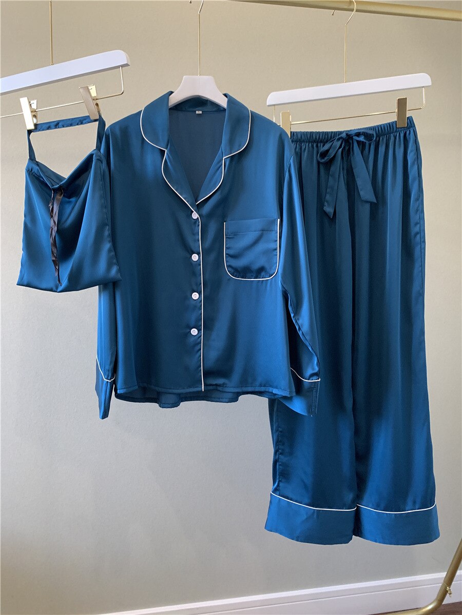 Pure Color Woman Long Sleeve Stain Pajama Set Satin Soft Fashion Pajamas