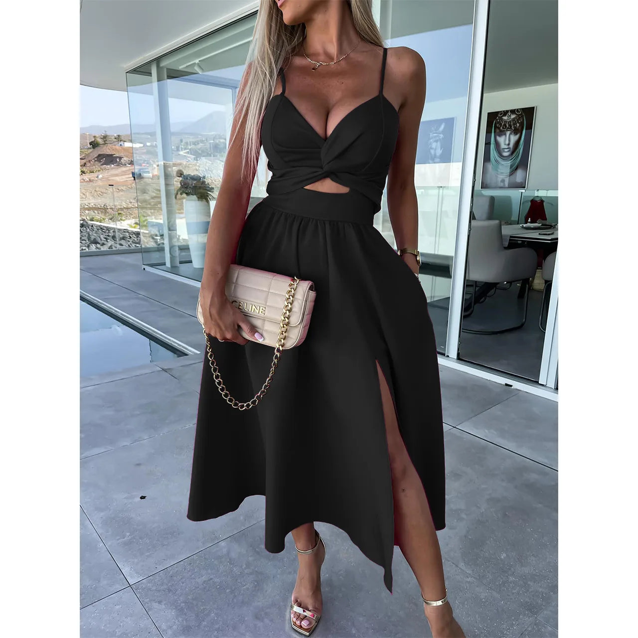 Women Sexy V-neck Backless Sling Dress Summer Fashion Twist Design Hollow Out Long Dress Casual Sleeveless Solid Big Hem Dresses