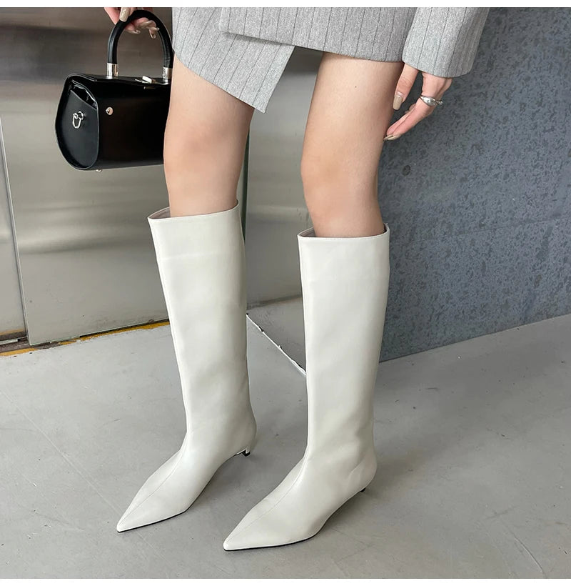 Autumn Winter Cosy Pointed Toe Woman Knee-High Boots Slip-On Low Thin Heels Cowboy Ladies Shoes Botas