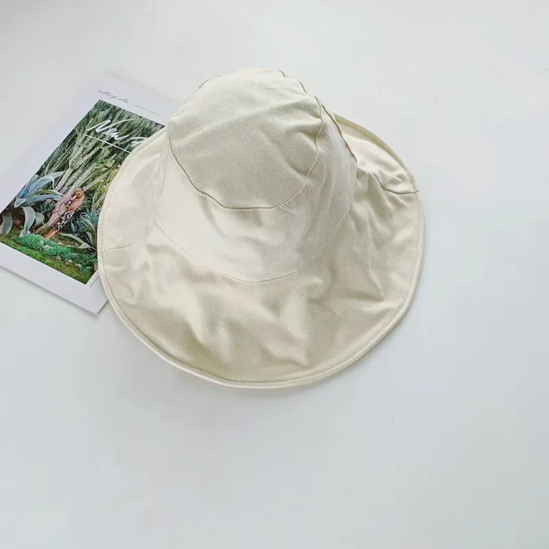 Fashion Large Brim Sun Hat Women Outdoor Vacation Bucket Hat Ladies Daily Beach Foldable Hat Girl Cotton UV Protection Visor Hat