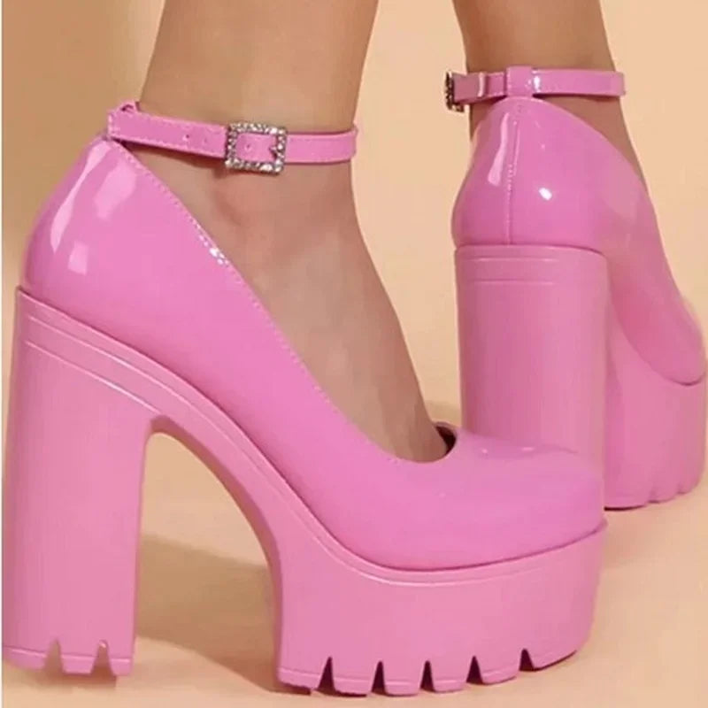 Pink Chunky Heeled Ankle Strap Pumps Sweet Platform Square Heel Woman High Heels Pumps Platform Shoes 2022 Spring Woman Shoes