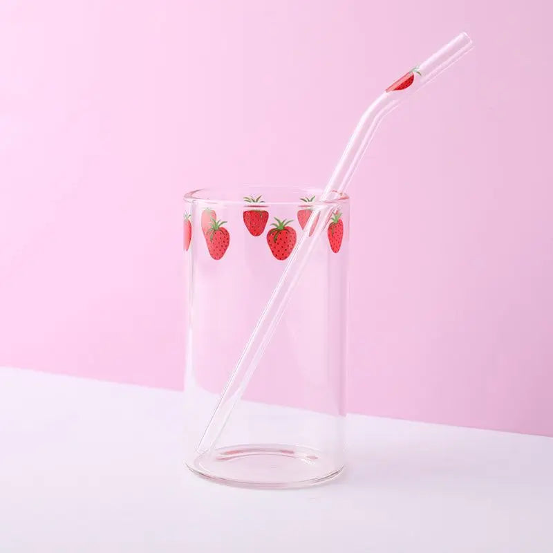 Ins Nana Strawberry Glasses Heat Resistant Coffee Milk Water Cups with Straws Clear Cute Juice Smoothie Cold Drinks Straw Cup