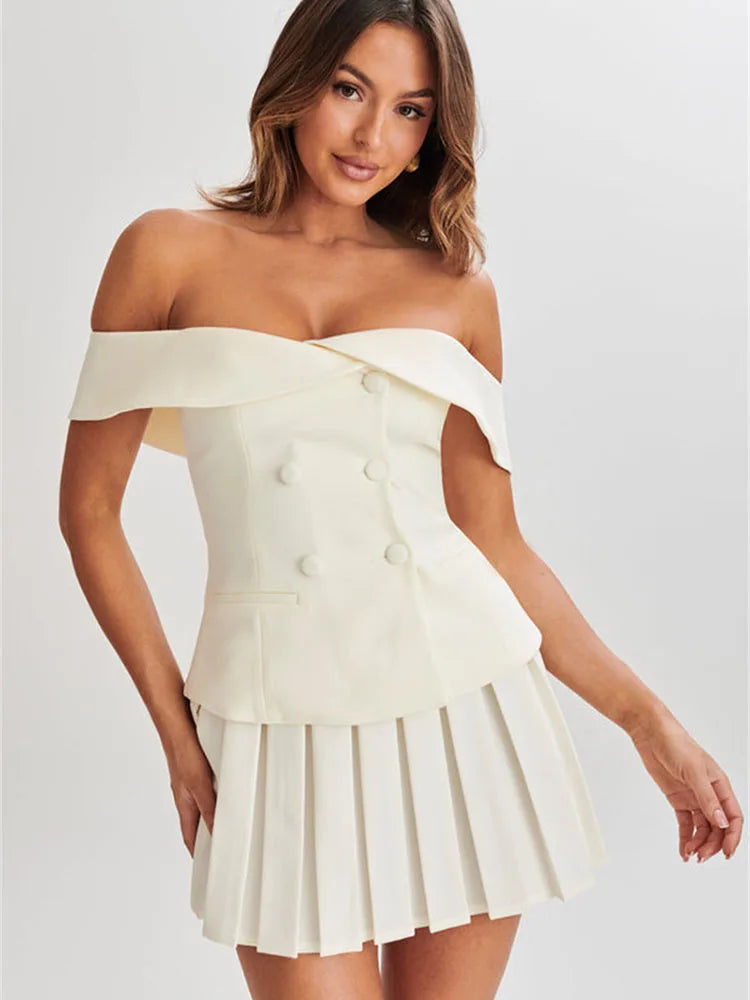 Summer New Fashion Two Piece Skirt Women Off Shoulder Double breasted Top A Line Mini Pleated Short Skirt Set