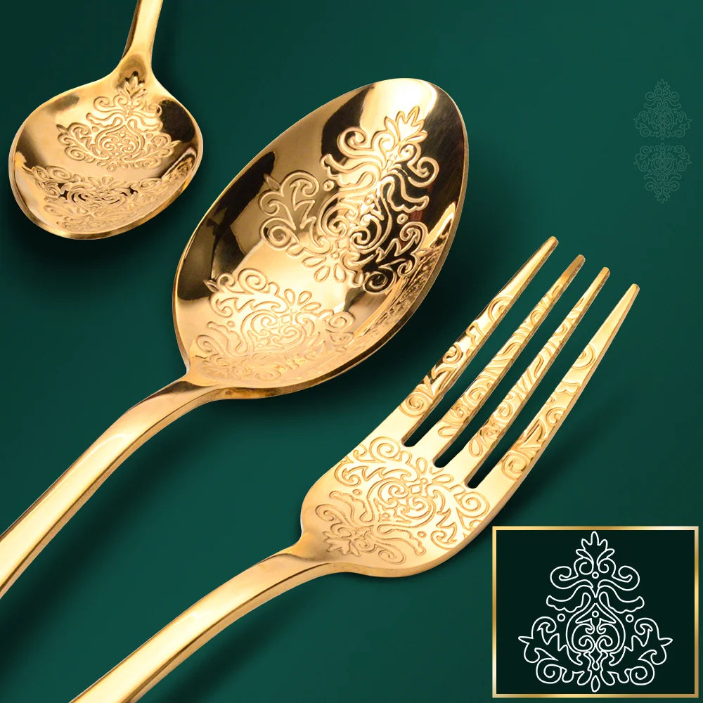 &Gold Luxury Cutlery Sets Fork Spoons Knife Silverware Kit Vintage Carved Tableware Set European Dinnerware For Home Kitchen