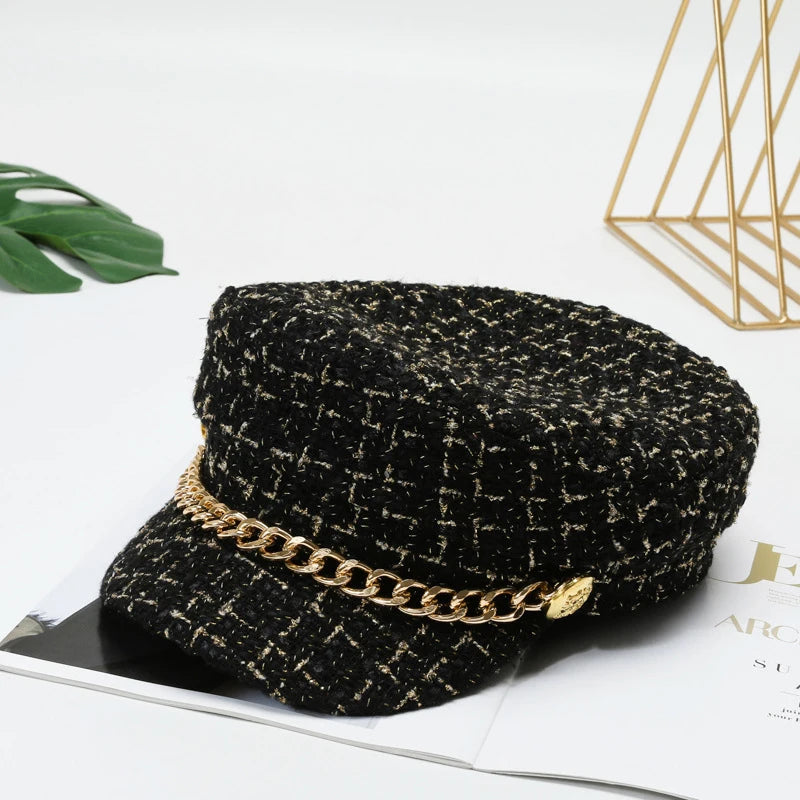 Pearl Chain Flat Top Navy Hat Fashion Beret Newsboy Caps Berret Woman Octagonal Hats Women's Designer Apparel