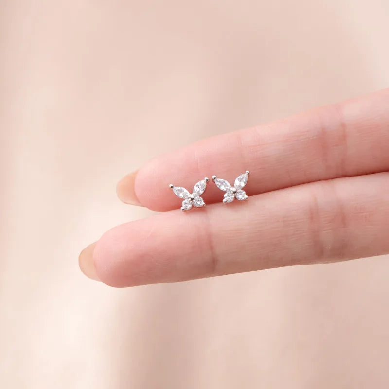 925 Sterling Silver Romantic Mini Butterfly White Zircon Stud Earrings for Women Chic Wedding Piercing Jewelry Gift