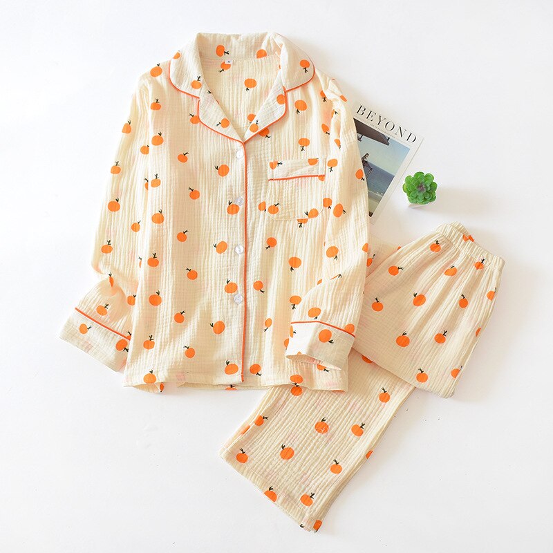 Spring New Ladies Pajamas Set Heart Printed Crepe Cotton Double-layer Gauze Turn-down Collar Long-sleeve Trousers Household Wear
