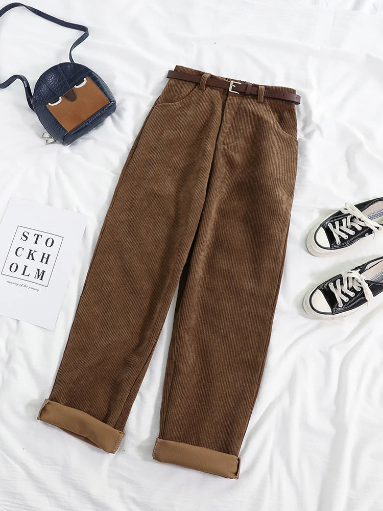 Women Spring Corduroy Pants High Waist Autumn Vintage Korean Casual Wide Leg Pants Elegant Belt Loose Cotton Streetwear