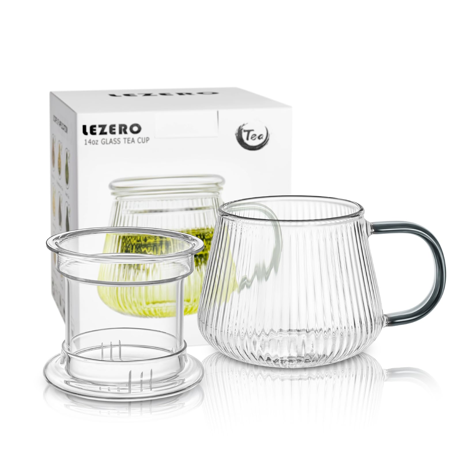 Glass Tea Infuser Cup with Lids and Handle for Blooming & Loose Leaf, 14oz | Borosilicate, Heat Resistance, Lead-free, Microwave & Dishwasher Safe