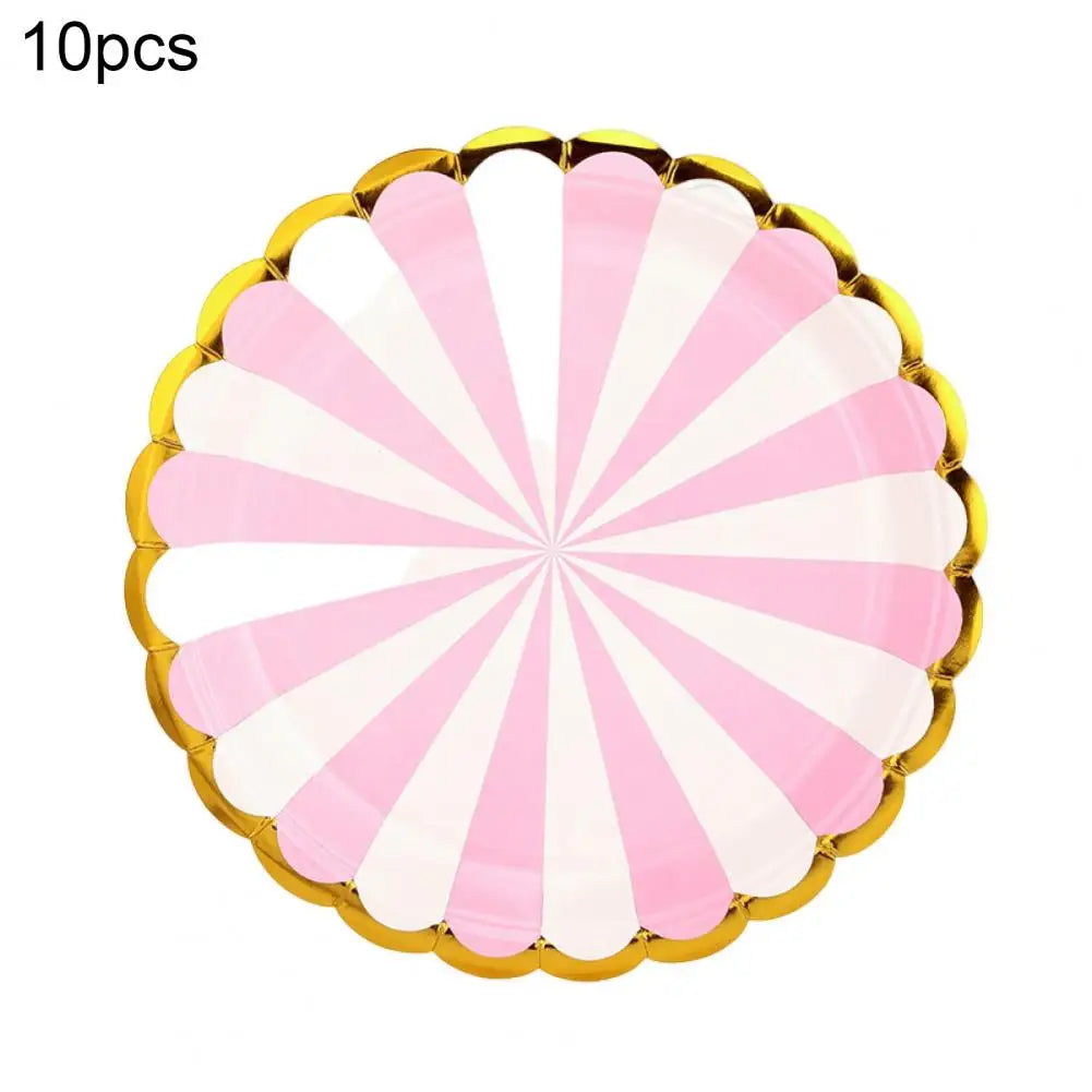 10Pcs 7/9 Inch Paper Plates Anti-skid Thick Gilding Stripe Paper Dishes Round Cake Dessert Snack Tray Favors Supplies for Party