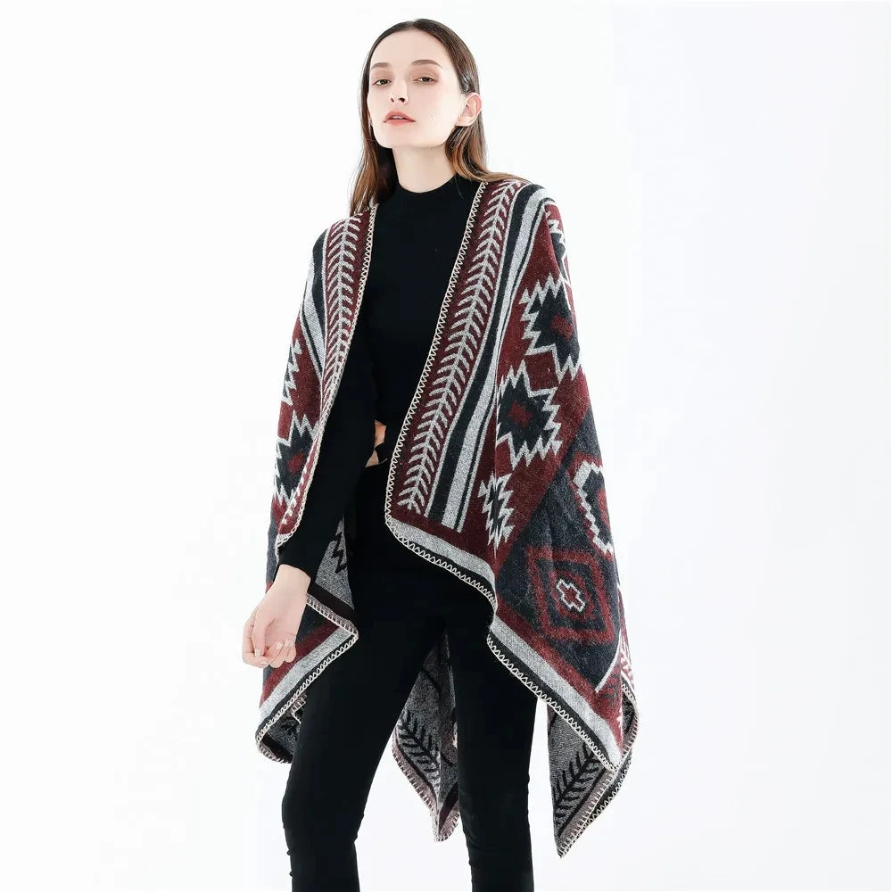 2024 Spring Autumn Geometric Puzzle Women Cloak Simple Fashion Warm Air Conditioning Shawl Travel Cloak Lady Poncho Capes Red