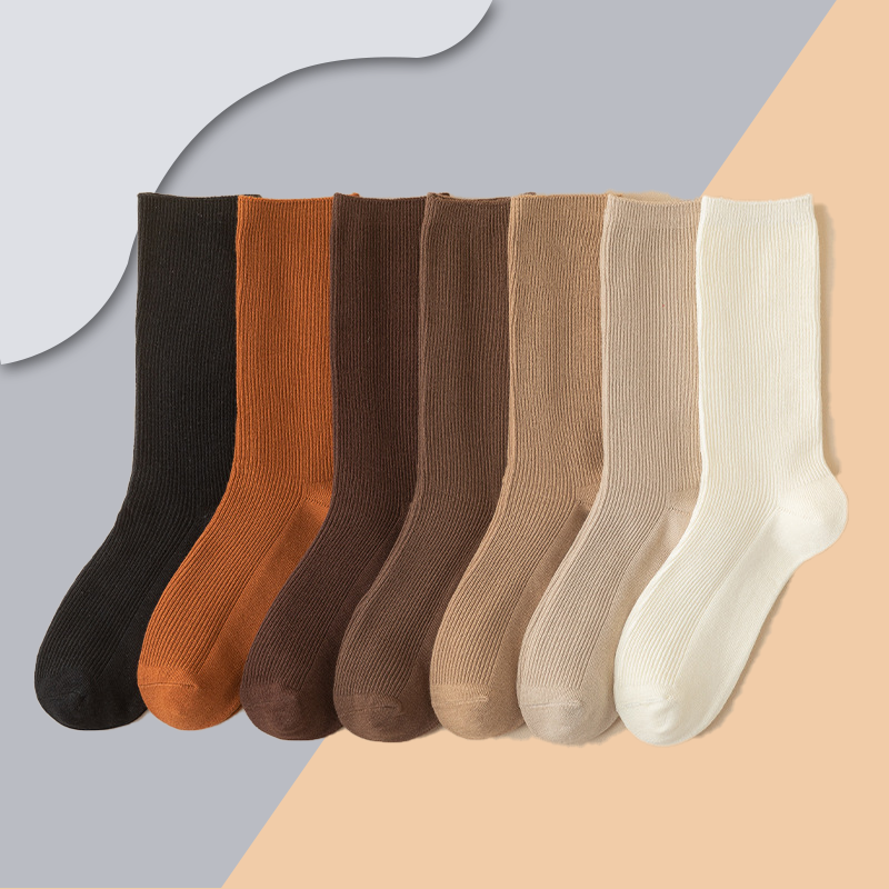 Socks female mid-thigh socks summer thin section solid color double needle simple summer cotton