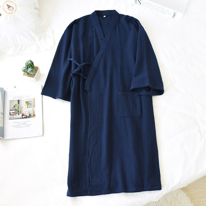 spring and summer new 100% cotton crepe ladies thin nightgown men bathrobe robe home service pajamas