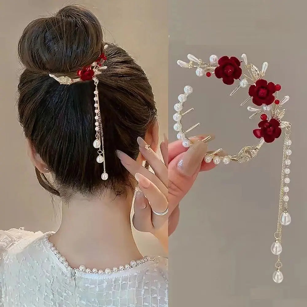 Elegant Retro Meatball Hair Clasp Clip Floristic Pearl Chain Tassels Hair Claw Ponytail Hairpins Women