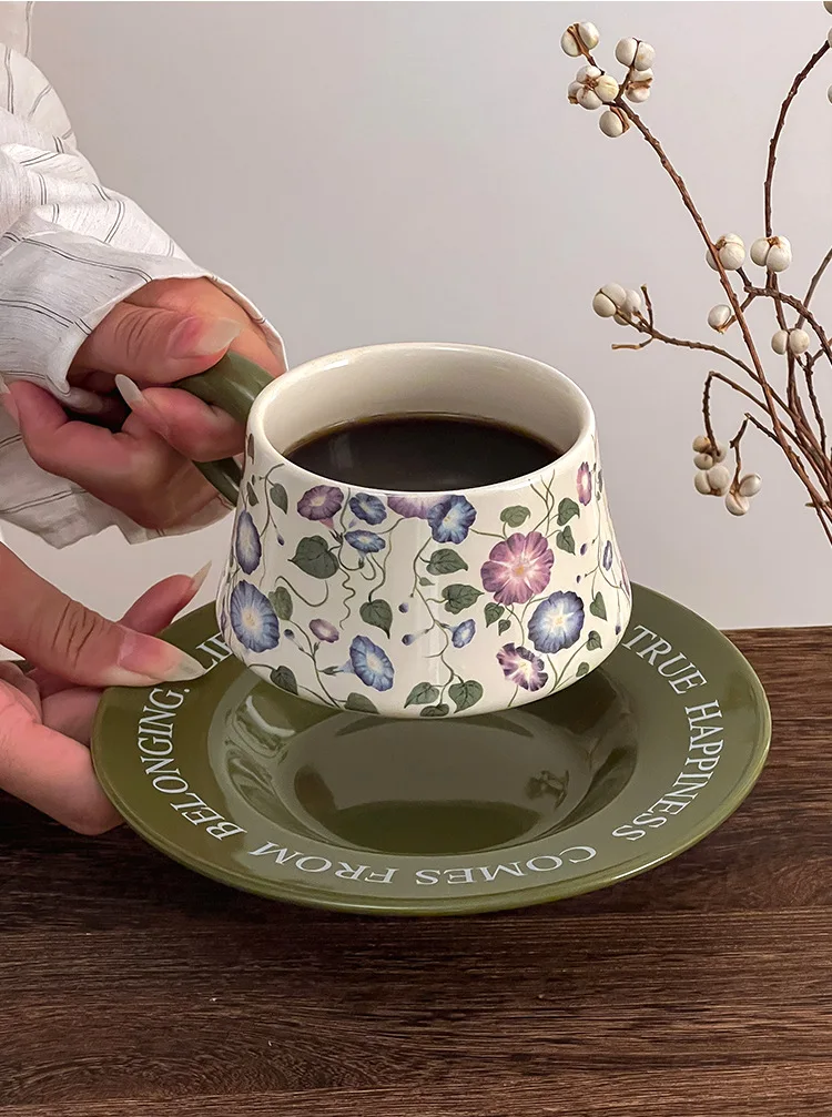 Retro original design morning glory coffee cup set household high-end high-value afternoon tea cup gift box