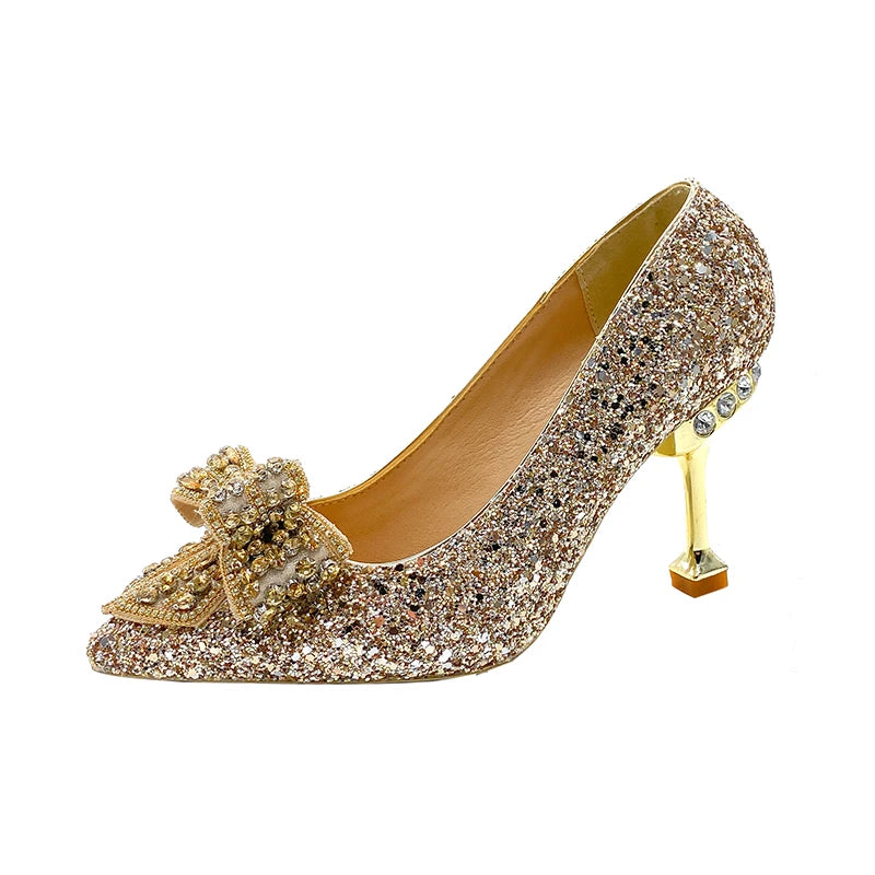 Fad Crystal High Heels Shoes Sweet Bow Mary Jane Sandals Women 2024 New Autumn Sexy Dress Party Pumps Shallow Lolita Mujer Shoes