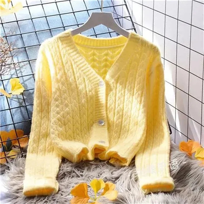 Women Cardigans Autumn Winter 2024 Single Breasted V-neck Knitted Sweater Spring Fashion Short Knitwear Solid Cardigan Jumpers