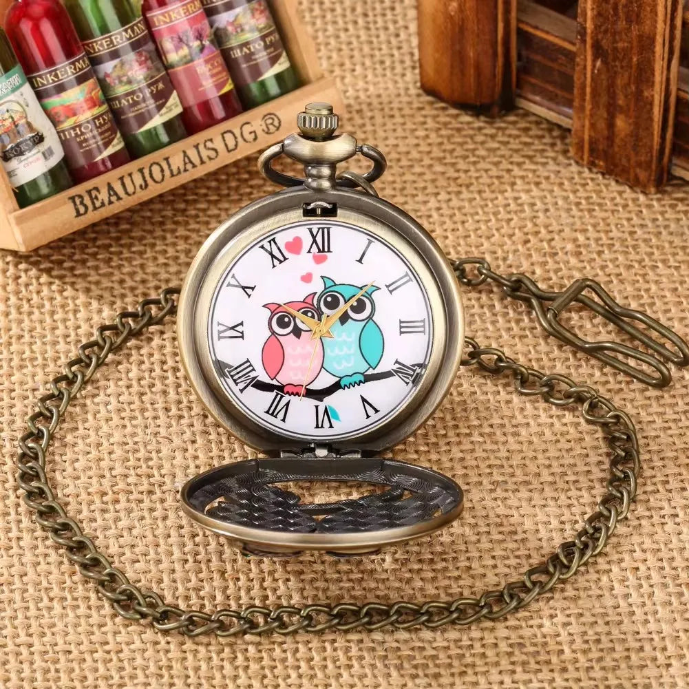 Gold handicraft pendant diamond studded retro owl pocket watch chain birthday gift