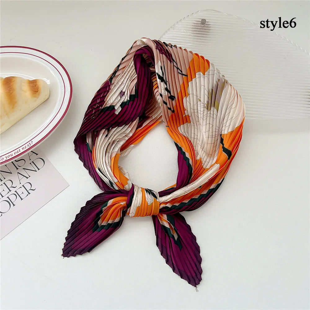 Crinkle Square Silky Neck Scarf Colorful Lady Satin Head Wraps Neckerchief Flower Printed Hair Scarf Elegant Pleated Neck Scarf