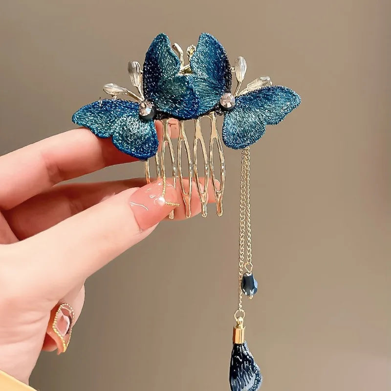 Dark Blue Butterfly Hair Comb Clip Chinese  Ancient Hairpin for Women Bamboo Flower Leaf Designer Tassel Hair Clips Styling Tool