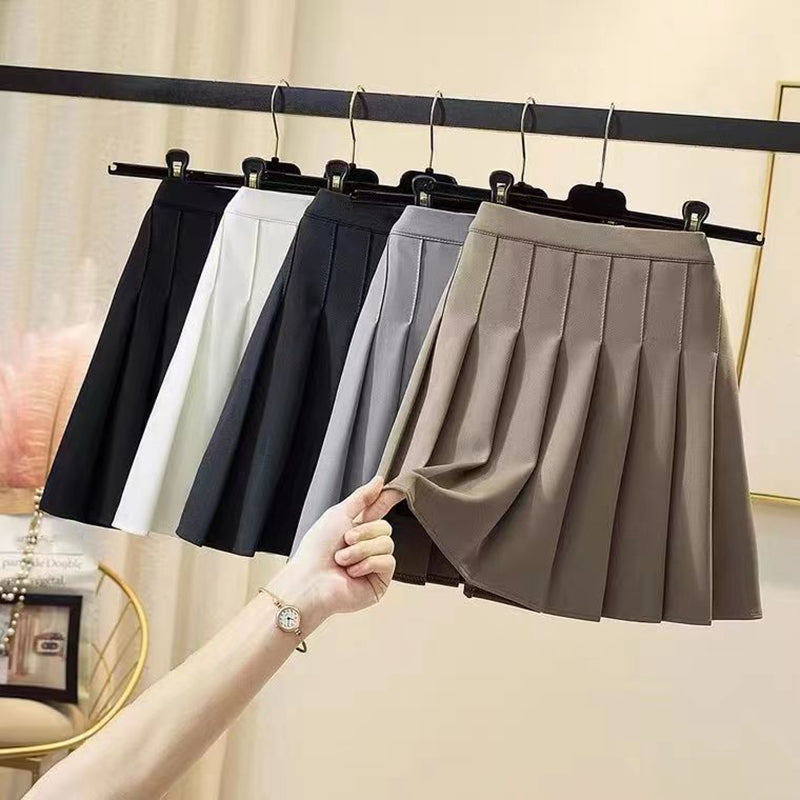 Solid Color Pleated Skirts Women Fashion High Waist  Preppy Style Mini Skirt Womens Korean Chic Street A-line Skirt XXL