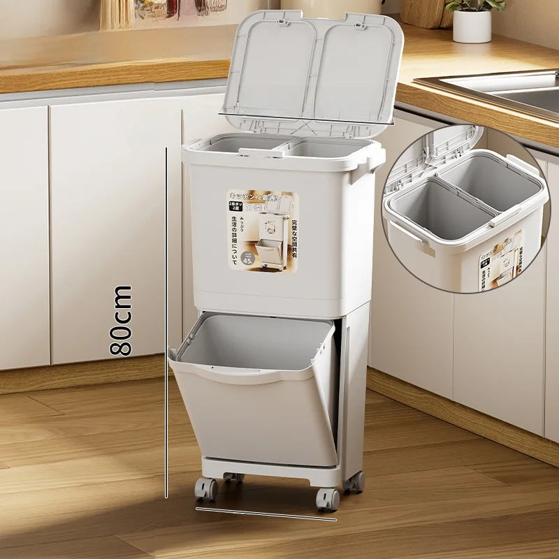 Kitchen Tra Can Large Capaci Double Layer Pr pe with Cover Easy to Move No Bending over Garbage Can for Household Use