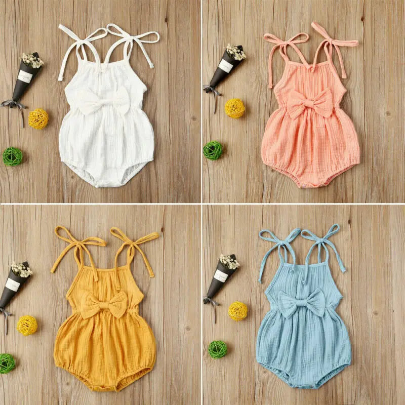 2020 Baby Summer Clothing  Newborn Baby Girl Cute Clothes Srap Romper Cotton Linen Solid Jumpsuit Bowknot Outfits Set Soft