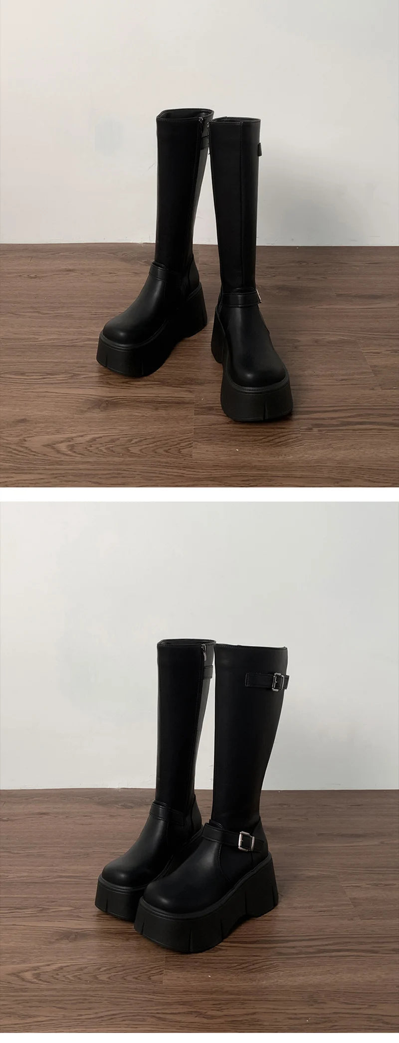 Platform Wedges Heel Women Knee High Boots Fashion Belt Buckle Slip On Long Booties Autumn Winter Female Shoes