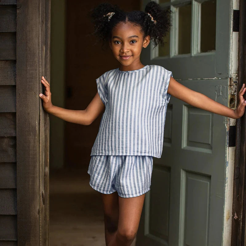 Classic Striped Sleeveless Girl's Suit 2024 Summer New Cotton Casual Mori Retro Children's Clothing Two Piece Sets