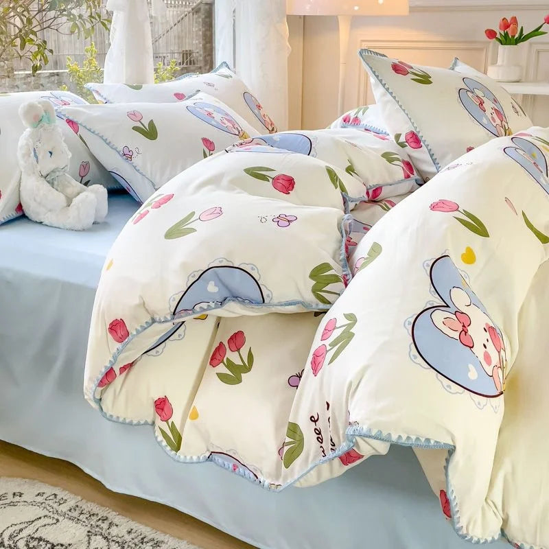 Pastoral Girls Flower Bedding Sets, Washed Cotton Bed Linens, Soft Quilt Cover Sheet Set, Simple Bedspread, Home Textiles