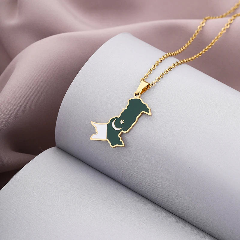 Fashion Pakistan Country Map Falg Pendant Necklaces For Women Stainless Steel Gold/Steel Color Pakistani Ethnic Jewelry Gifts