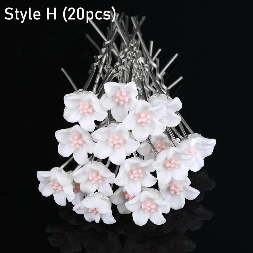 20pcs Women Flower Hairpin Stick Wedding Bridal Crystal Pearl Hairpin U Shaped Hair Clip Barrettes Hair Accessories Wholesale